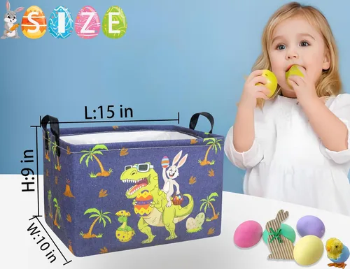 Miniatura 2 de Cestas de Pascua de dinosaurio grandes para niños, cesta de Pascua personalizada para bebé, color azul, decoración de primavera para niños