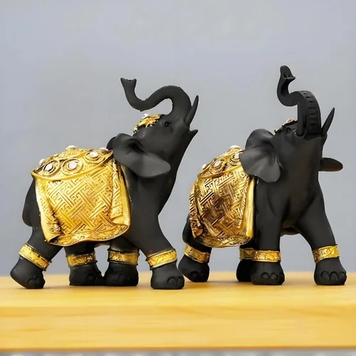 Juego de decoración de elefante de la suerte con troncos – Feng Shui resina negro y dorado pareja elefante figuritas – Par de estatuas de elefantes,