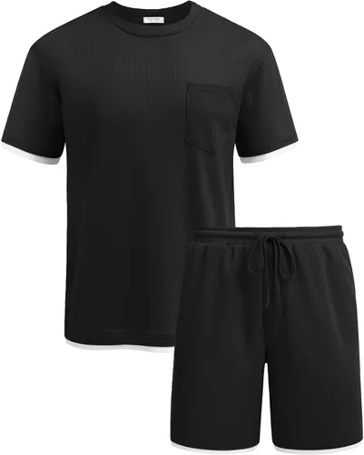 Miniatura 6 de COOFANDY Conjunto de camisa y pantalones cortos de gofre para hombre, conjunto de 2 piezas, conjunto casual de verano con bolsillos