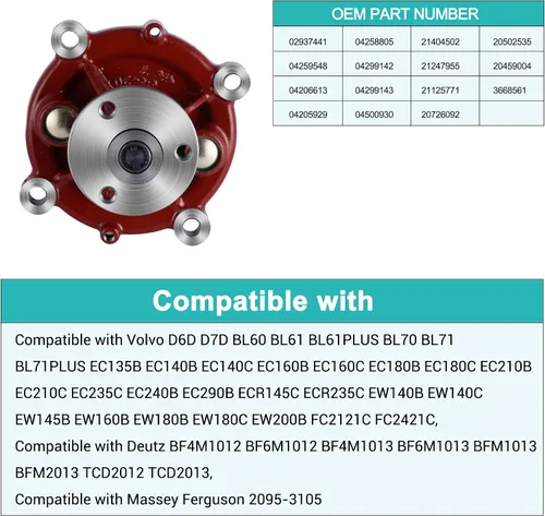 Miniatura 5 de AULINK 02937441 Bomba de agua 04500930 04259548 04206613 04205929 para Deutz TCD2013 TCD2012 108 118 128 120 130 150 175 BF4 M1012 , Volvo EC210