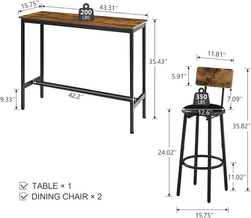 Miniatura 3 de Juego de mesa de comedor de 3 piezas para 2, mesa de bar moderna y sillas para cocina de espacio pequeño, juego de comedor rectangular de madera