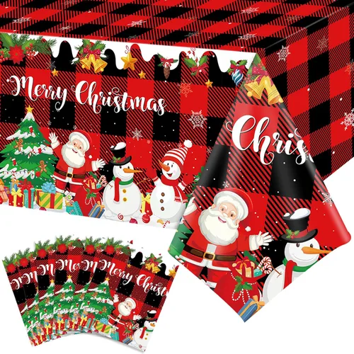 Miniatura 8 de Tiamon 3 piezas de mantel de Navidad 54 x 108 pulgadas, rojo, negro, mantel a cuadros de búfalo para mesa rectangular, mantel desechable de plástico