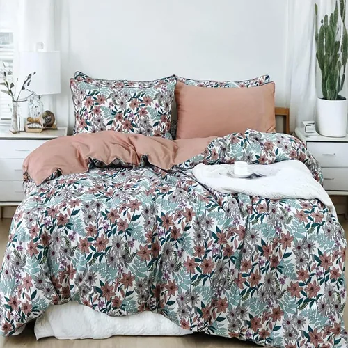 Miniatura 26 de Helthep - Juego de funda de edredón floral, tamaño Queen, 100% algodón, con patrón de flores rosas, funda de edredón vintage con hojas verdes