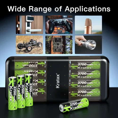 Miniatura 9 de Kratax Baterías de litio recargables AA de 3700 mWh con cargador, paquete de 4 baterías de iones de litio dobles A de alta capacidad de 1.5 V, larga