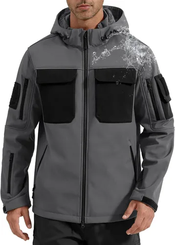 Miniatura 9 de FREE SOLDIER Chaqueta impermeable Softshell con forro polar para hombre, chaqueta táctica militar con capucha rompevientos