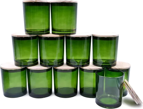 Miniatura 10 de SHOWIN Tarros de vela gruesos de 14 OZ para hacer velas 12 Piezas, tarros vacíos de 3 mechas con tapas de madera para hacer velas, recipiente