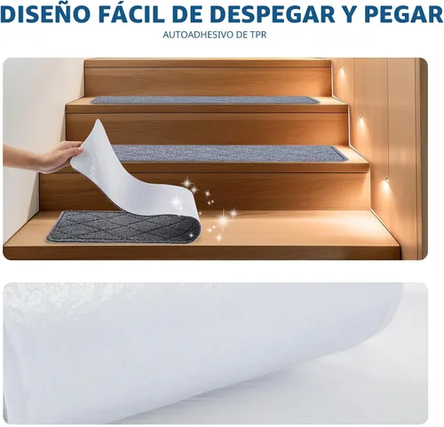 Miniatura 4 de Peldaños de escalera para escalones de madera interior, paquete de 15 unidades de 8 x 30 pulgadas, alfombra antideslizante con adhesivo reutilizable