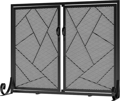 Miniatura 2 de Fire Beauty Pantalla de chimenea con puertas con bisagras Borde de hierro fundido, marco de acero resistente, malla metálica duradera, protector