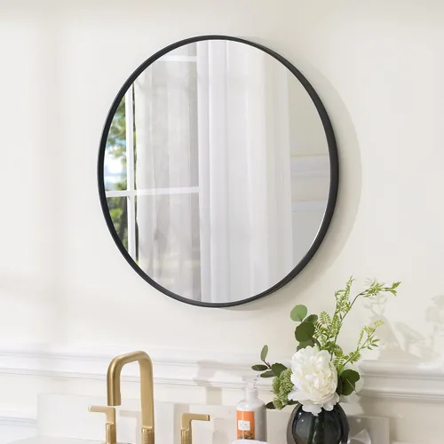 Miniatura 2 de WELLFOR Espejo redondo negro de 24 pulgadas, moderno espejo circular montado en la pared con marco de metal para entradas, baños, salas de estar