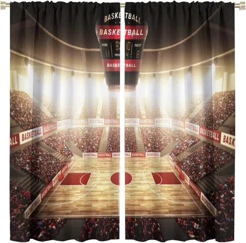 Miniatura 33 de Cortinas deportivas de baloncesto para niños, patrón de llama de bola 3D naranja, 42 pulgadas de ancho x 45 pulgadas de largo