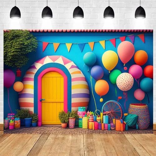 Globo colorido de feliz cumpleaños, carnaval, decoración de fiesta de cumpleaños infantil, globo colorido 3D, fondo de fotografía de fondo para