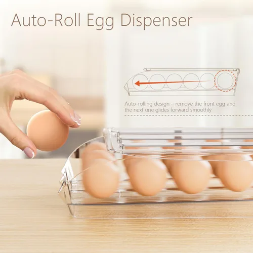 Miniatura 2 de Soporte para huevos para nevera, organizador automático de huevos con ruedas para refrigerador, contenedor apilable transparente para almacenamiento