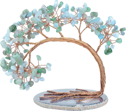 Miniatura 10 de SUNYIK Árbol de dinero de aguamarina curativa, árbol bonsái de cristal Fengnshui hecho a mano con base de ágata para suerte de riqueza, decoración