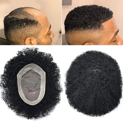 Afro - Tupé para hombre, duradero, base fina, mono, rizado, cabello ondulado africano, piezas para hombres negros, mono encaje de poliuretano