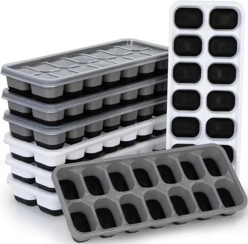 Miniatura 8 de Bandeja de silicona para cubitos de hielo, paquete de 8 bandejas de 14 cubitos de hielo flexibles y de fácil liberación con tapa extraíble