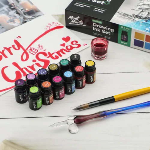 Miniatura 5 de Mont Marte Kit de tinta de dibujo Signature de 16 piezas, gran juego de arte, incluye 12 colores de tinta de 0.24 onzas líquidas, bolígrafo