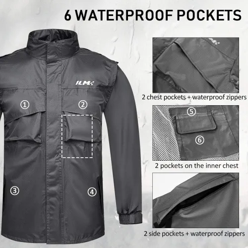 Miniatura 4 de ILM traje de lluvia para motocicleta, impermeable, 6 bolsillos, 2 piezas, chaqueta y pantalones, para hombre Gris-hombres