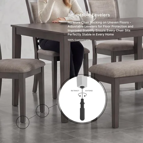 Miniatura 8 de Signature Design by Ashley Wrenning - Juego de mesa de comedor con estampado de diamantes, 4 sillas tapizadas y banco, asientos para 6, madera, gris