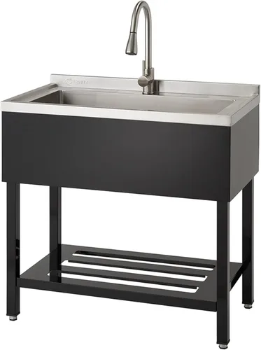 Miniatura 9 de TRINITY Fregadero independiente de acero inoxidable de un solo compartimento para garaje, cuarto de lavandería y uso comercial, incluye grifo Negro