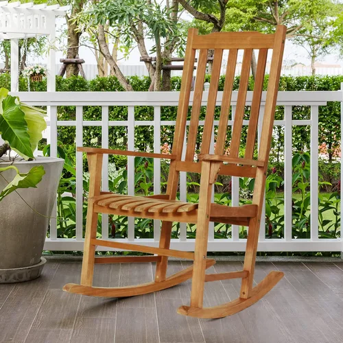 Miniatura 2 de Tangkula Mecedora para patio, para interiores y exteriores, de madera, para porche, jardín, balcón, sillón rústico de respaldo alto con capacidad