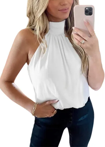 Miniatura 3 de Remidoo Camiseta sin mangas casual para mujer, cuello con lazo frontal, plisado