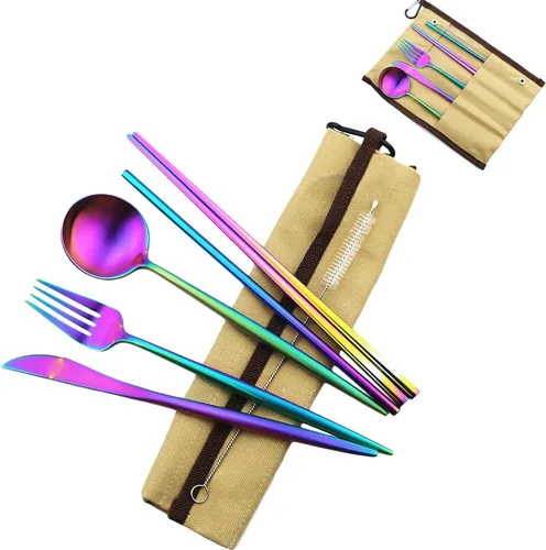 Miniatura 12 de Juego de cubiertos ecológicos con acabado mate, 7 piezas, cuchillos, tenedor, cuchara, acero inoxidable 18/10, negro, utensilios de viaje portátiles
