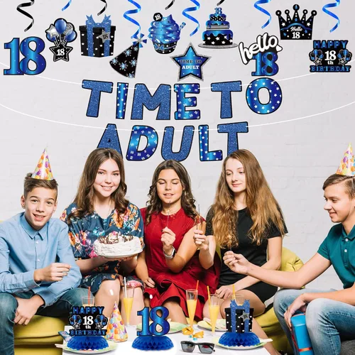 Miniatura 5 de WATINC Decoración de feliz cumpleaños 18 – 26 piezas de decoración de fiesta de cumpleaños de 18 años para niños, niñas y él, cartel azul y negro
