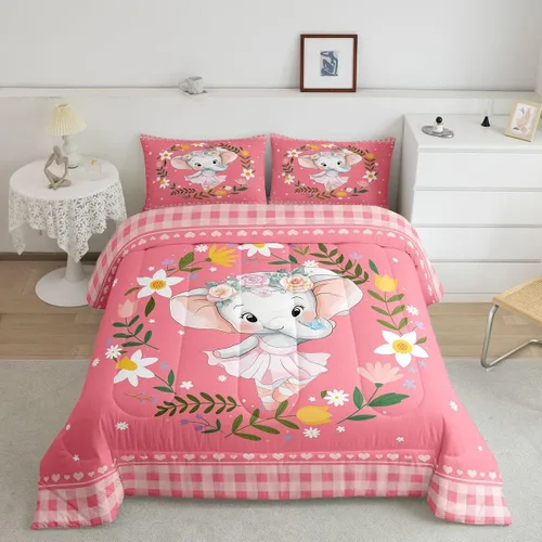 Erosebridal Juego de ropa de cama de elefante de dibujos animados, edredón de animales de la selva, edredón de plumón para niña de ballet, bonito