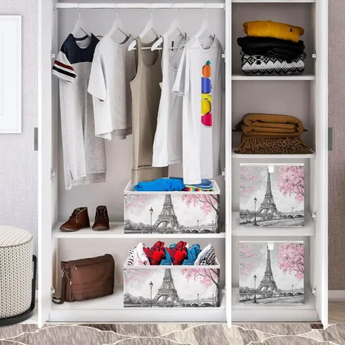 Miniatura 7 de Cesta de almacenamiento plegable de árbol rosa de la Torre Eiffel de 11 x 11 x 11 pulgadas, cubo de almacenamiento para decoración del hogar, cesta