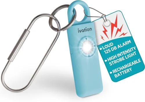 Ivation Alarma SOS recargable personal, tamaño de bolsillo, 130 dB, sirena de seguridad de sonido y luz LED estroboscópica de pánico con mosquetón y