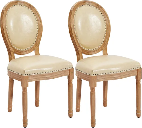 Miniatura 12 de Juego de 2 sillas de comedor francesas con respaldo redondo, sillas de comedor tapizadas de mediados de siglo con patas de madera maciza para Beige