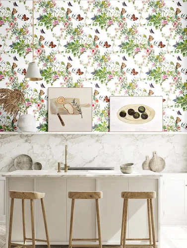 Miniatura 3 de Blooming Wall DPYA24 - Papel tapiz removible con diseño de arbustos de flores silvestres de primavera con mariposa alrededor de despegar y pegar