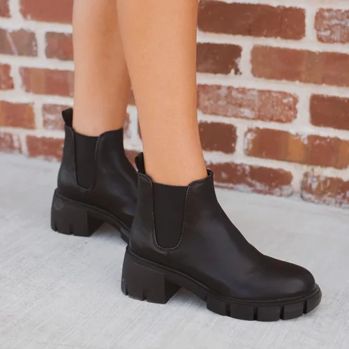Miniatura 5 de Botas de estilo botas de combate de cuero y con plataforma y tacón grueso, tipo Chelsea, para mujer, hasta el tobillo