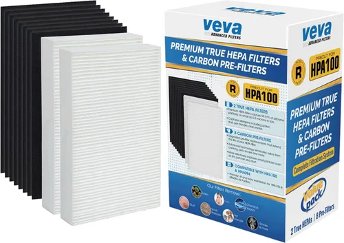 VEVA - Paquete completo de 2 filtros HEPA de repuesto de alta calidad, incluye 8 pre-filtros de carbón activado precortados para HPA100 compatibles