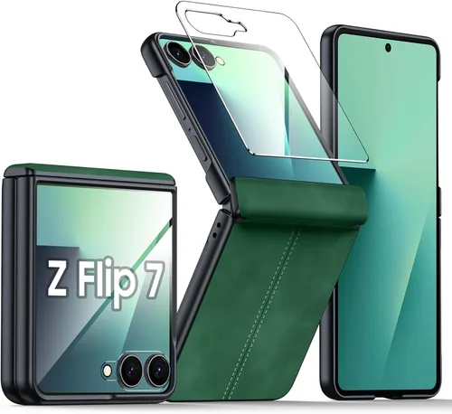 Miniatura 55 de para Samsung Galaxy Z Flip 7 Funda con protección de bisagras y protector de pantalla incorporado, funda de cuero mate de policarbonato ultradelgada