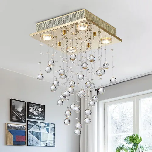 Bestier - Candelabro dorado moderno de cristal cuadrado con gotas de lluvia, iluminación pareja para montaje; lámpara LED colgante con montaje para