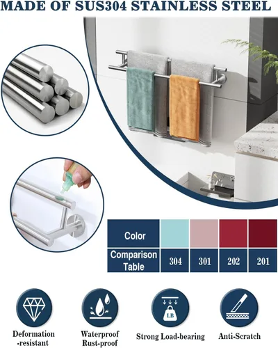 Miniatura 4 de Alise Toallero doble cromado pulido, toallero de 24 pulgadas para baño montado en la pared, toallero de baño de acero inoxidable SUS304, toallero