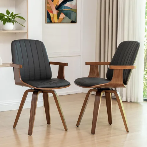 Miniatura 21 de Juego de 2 sillas de comedor giratorias, modernas de mediados de siglo con artesanía de nogal, piel sintética tapizada, brazos y patas de madera