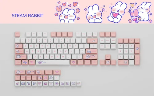 Miniatura 7 de Animal Rabbit - Lindas teclas de conejo personalizadas para teclado mecánico, 130 teclas de sublimación de tinte PBT (conejo rosa)
