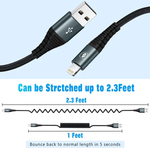 Miniatura 6 de JUKEKUL Cable Lightning en espiral de 3 pies de nailon trenzado, cargador de iPhone de carga rápida para automóvil [certificado Apple MFi], Gris