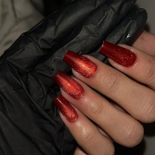 KQueenest Uñas postizas largas a presión con diseño de ojo de gato, cuadradas, medianas, color rojo oscuro con purpurina, ataúd, uñas acrílicas a