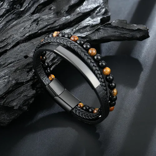 Miniatura 4 de Raymard Pulsera de cuentas de piedra volcánica de piedra volcánica de ónix negro y ojo de tigre mate para hombre, pulsera de cuero trenzado negro