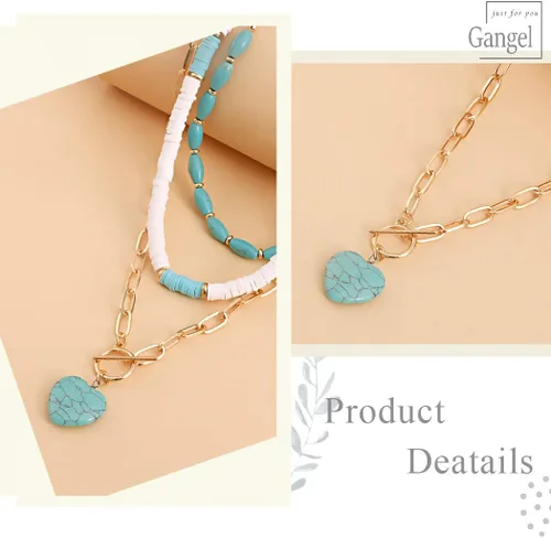 Miniatura 4 de Gangel Collar bohemio con forma de corazón, collares en capas de turquesa, gargantilla de surfista, collar de concha de puka, collar de playa