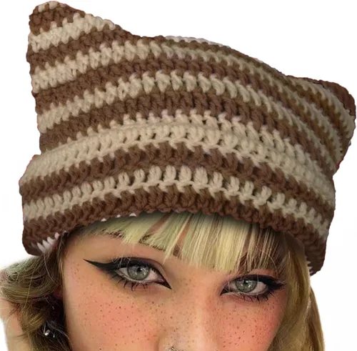 JOEYOUNG Gorro de gato con orejas de gato para mujer, gorro Y2K lindo gorro Grunge Crochet Cat Hat para niñas gorros vintage