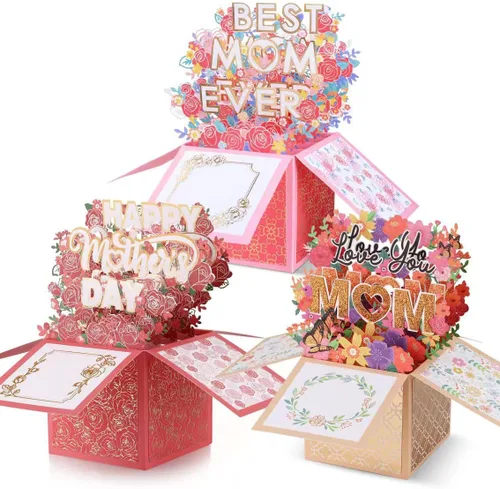 POPGIFTU Paquete de 3 tarjetas emergentes 3D para el día de la madre con sobres y etiquetas de mensaje, juego de tarjetas de felicitación de ramo de
