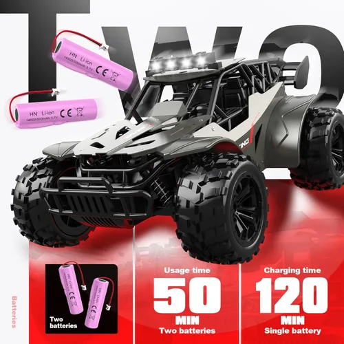 Miniatura 4 de Coche de control remoto de 2.4 GHz, velocidad de carcasa de metal, 20 KM/H, Monster RC Truck con faro LED, dos baterías recargables, 50 minutos