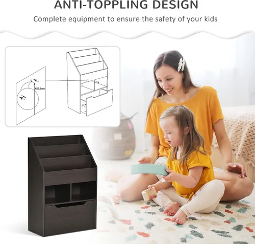 Miniatura 6 de HOMCOM Estantería infantil con cajón de almacenamiento para libros, sala de juegos, color marrón