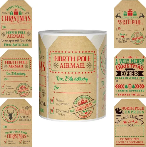 2 * 3 Pulgadas Etiquetas Adhesivas de Navidad de Kraft Etiquetas Autoadhesivas Etiquetas de Regalo para Regalos de Navidad 200 PIEZAS Etiquetas de