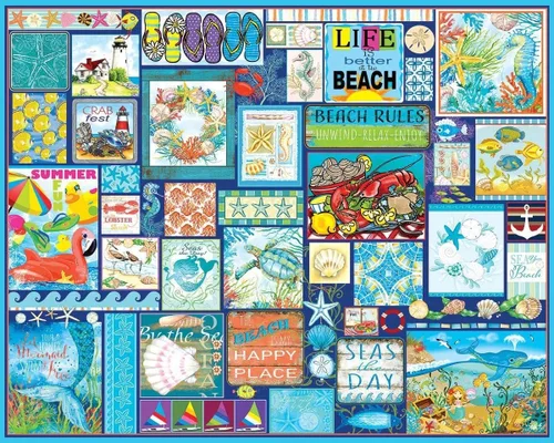 White Mountain Rompecabezas de 1000 piezas con collage de vida en la playa con piezas grandes para adultos y familia de 24 x 30 pulgadas, Seas the