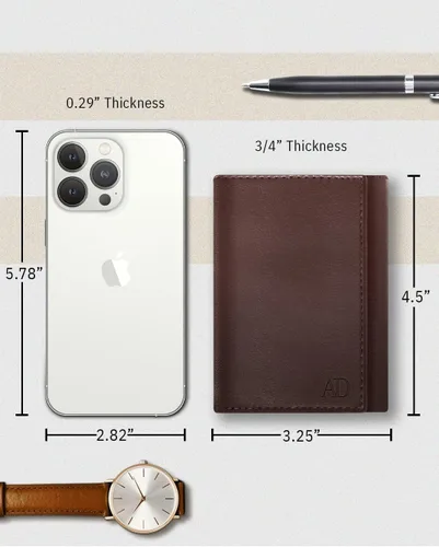Miniatura 57 de Billetera de triple pliegue con RFID, cuero genuino, delgado, con ventana de identificación, bolsillo frontal, regalo para hombre